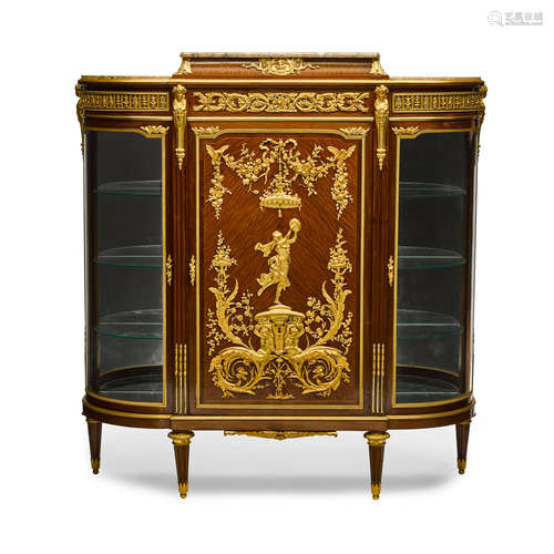 A LOUIS XVI STYLE MARBLE TOP GILT BRONZE MOUNTED MAHOGANY VI...