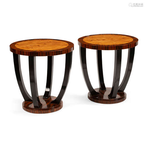 A PAIR OF ART DECO STYLE PART EBONIZED, EXOTIC WOOD AND BURL...