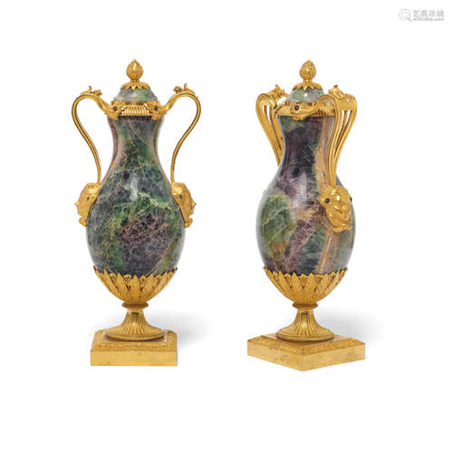 A PAIR OF EMPIRE GILT BRONZE MOUNTED SPATH FLUOR COVERED VAS...