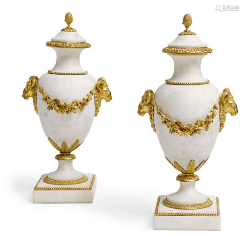 A PAIR OF LOUIS XVI STYLE GILT BRONZE MOUNTED WHITE MARBLE C...