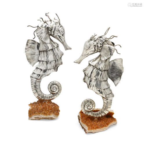 A PAIR OF ITALIAN STERLING SILVER SEAHORSES marked M. Buccel...