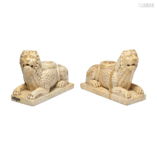 A PAIR OF ITALIAN SMALL CARVED MARBLE WINGED LIONS 19th cent...