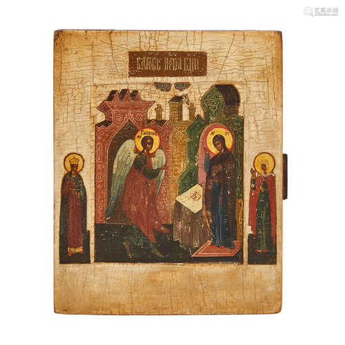 A RUSSIAN GILT AND POLYCHROMED WOOD ICON DEPICTING THE ANNUN...