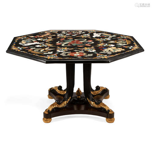 AN ITALAIN PIETRA DURA TOP PART EBONIZED AND GILTWOOD CENTER...