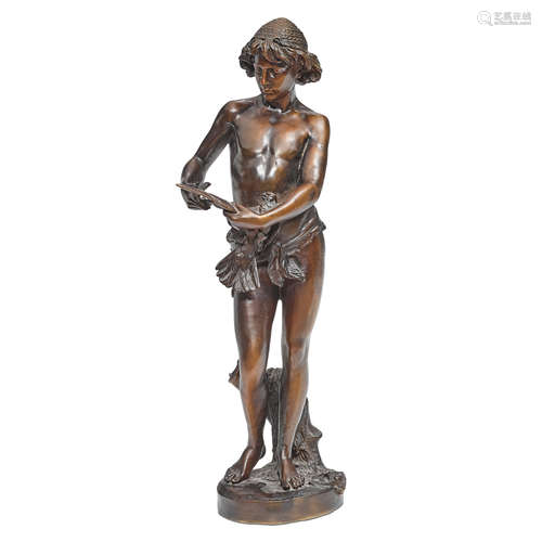 A PATINATED BRONZE FIGURE OF A BOY AND BIRD: CAPTIVITY After...