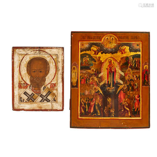 TWO RUSSIAN POLYCHROMED WOOD ICONS DEPICTING THE MOTHER OF G...