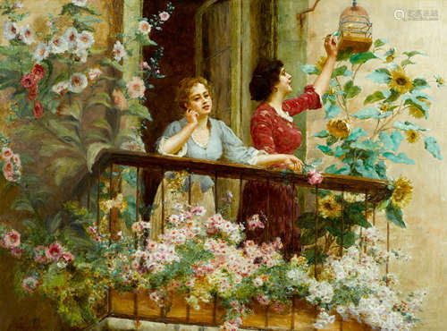 Stefano Novo (Italian, born 1862) Venetian women on a balcon...