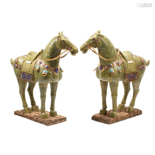 A PAIR OF CHINESE HARDSTONE, GILT AND ENAMELED METAL CAPARIS...