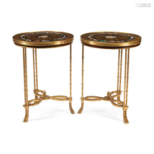 A PAIR OF LOUIS XVI STYLE INLAID MARBLE TOP GILT BRONZE SIDE...