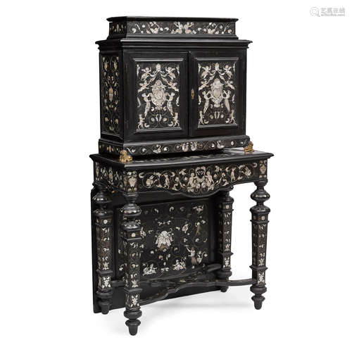 AN ITALIAN BAROQUE STYLE BRASS AND SHELL INLAID EBONIZED CAB...