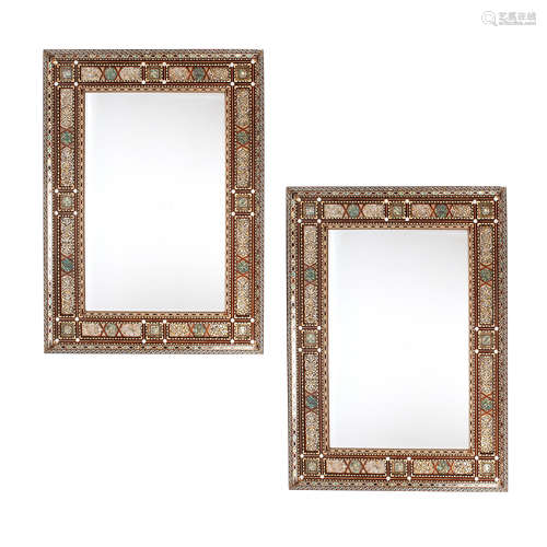 A PAIR OF LEVATINE BONE AND SHELL INLAID MIRRORS