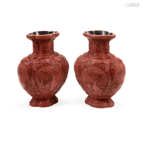 A PAIR OF CHINESE CINNABAR LACQUERED VASES