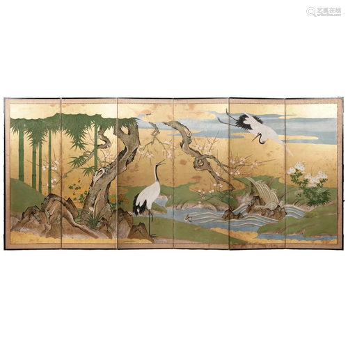 Japanese Edo Period Six Panel Floor Screen