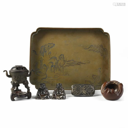 Grp: 6 Chinese Japanese Bronze Silver Wood Objects