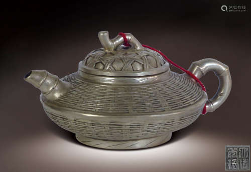 清 白銅竹編紋茶壺