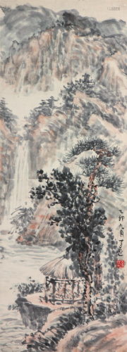 余任天(1908-1984)茅阁飞瀑 设色 纸本立轴