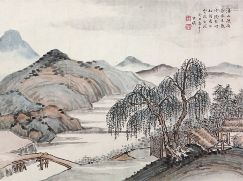 苏曼殊(1884-1918)溪山疏雨 设色 纸本镜片