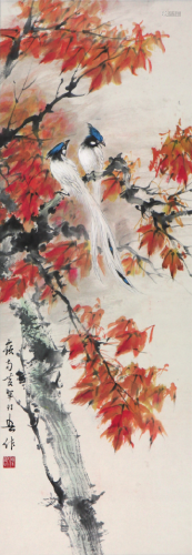 黄幻吾(1906-1985)红叶双寿 设色 纸本立轴