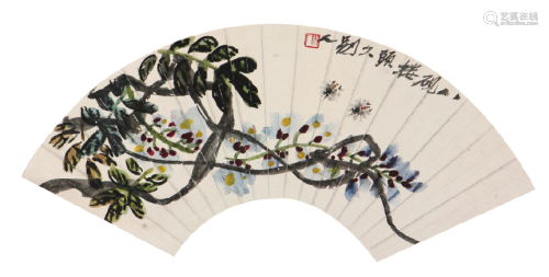 齐白石(1864-1957)紫藤 设色 纸本扇面