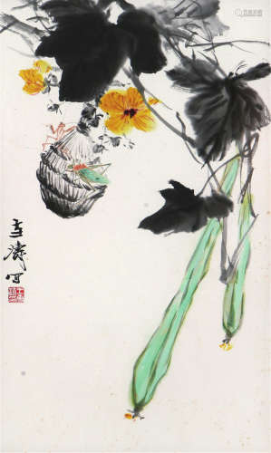 王雪涛(1903-1982)师瓜草虫 设色 纸本镜框