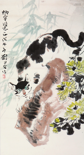 刘旦宅(1931-2011)猫石图 设色 纸本镜片