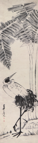 朱  龄(1821-1850)鹤立蕉林 水墨 纸本立轴