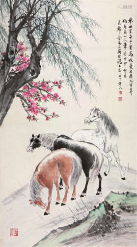 金梦石(1869-1952)桃柳神骏 设色 纸本立轴