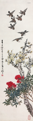 金梦石(1869-1952)天竺梅雀 设色 纸本立轴