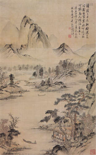 吴观岱(1862-1929)青溪长松图 设色 绫本立轴
