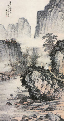 袁松年(1895-1966)碧江秋山 设色 纸本立轴