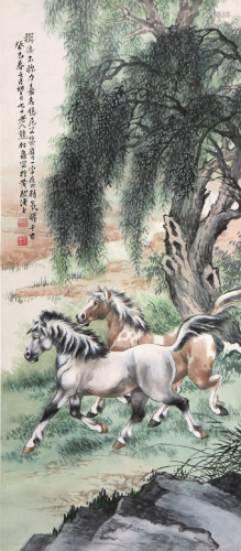 熊松泉(1884-1961)柳荫双骏 设色 纸本立轴