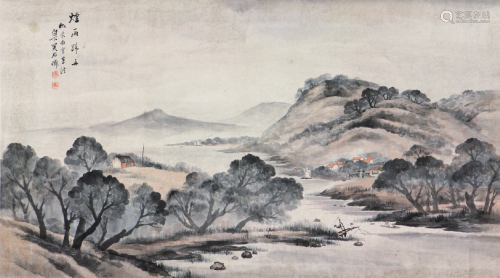 吴石仙(1845-1916)烟雨归舟 设色 纸本镜片