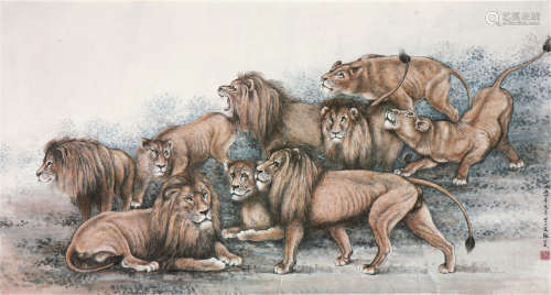张公威(1878-1967)九狮图 设色 纸本横轴