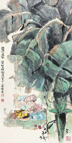 程十发(1921-2007)蕉荫嬉戏 设色 纸本立轴