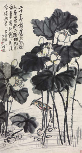 王  震(1867-1938)荷香翠鸟图 设色 纸本立轴