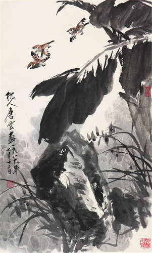 唐  云(1910-1993)蕉石飞雀 设色 纸本立轴