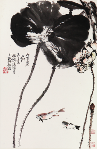 程十发(1921-2007)荷花游鱼 设色 纸本镜片