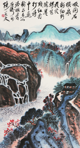 张炎夫(1911-1988)秋涧石横 设色 纸本立轴