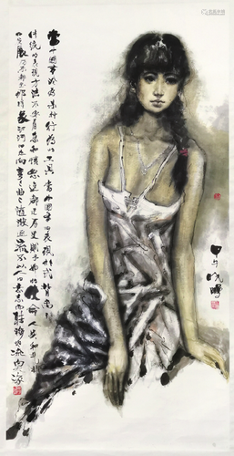 王晓鹏(b.1954)都市少女 设色 纸本镜片