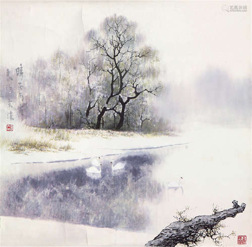 宋  涤(b.1945)天鹅湖 设色 纸本镜片