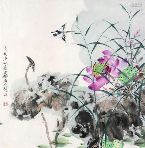 贾广健(b.1964)荷塘清趣 设色 纸本镜框