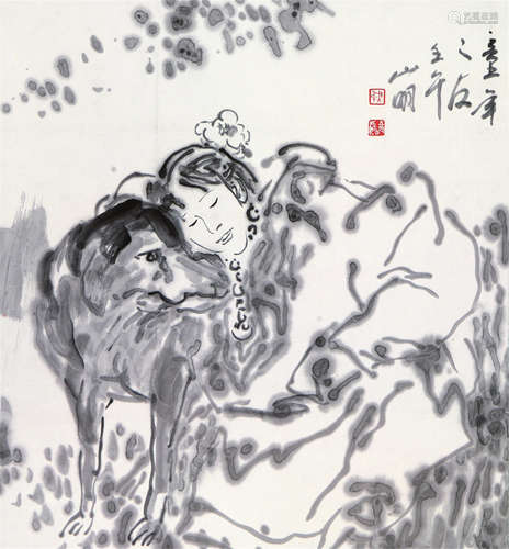 吴山明(b.1941)童年之友 水墨 纸本立轴