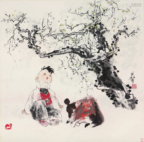 李延声(b.1943)鹿娃图 设色 纸本镜片