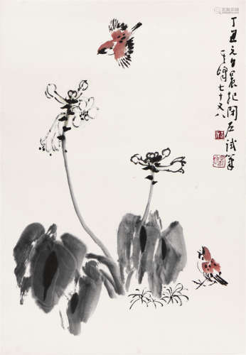 孙其峰(b.1920)水仙飞雀 设色 纸本镜片