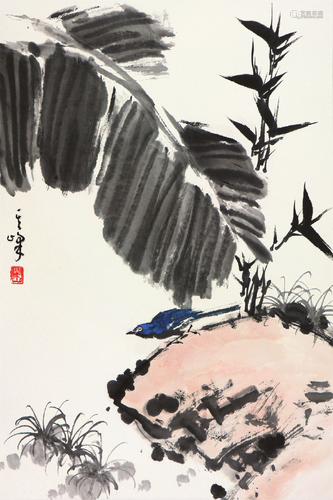 孙其峰(b.1920)芭蕉竹雀图 设色 纸本镜片