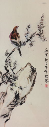 孙其峰(b.1920)梅花栖禽 设色 纸本镜片