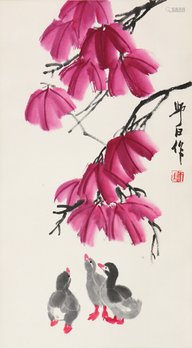 娄师白(1918-2010)红叶雏鸭 设色 纸本镜片