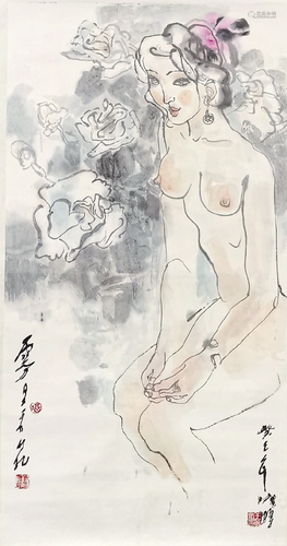 王晓鹏(b.1954)裸女 设色 纸本镜片