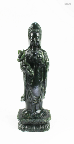 Chinese Carved Spinach Jade Standing Guanyin Statue