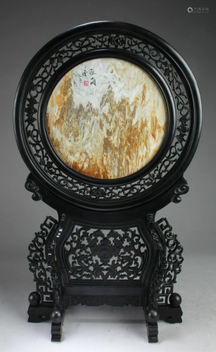 A Carved Wooden Round Table Screen with Marble Inlay